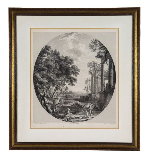 French engraving "Landscape with ruins and characters"
