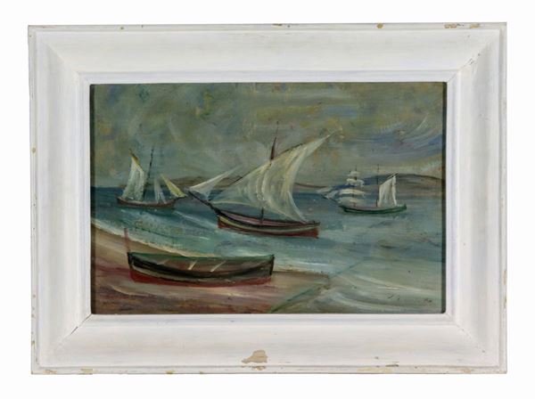 Luigi De Angelis - Signed. "Marina with boats" painted in oil on cardboard
