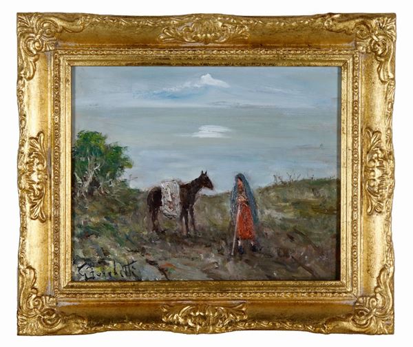 Gaetano Bocchetti - Signed. "Shepherdess with donkey", small oil painting on plywood