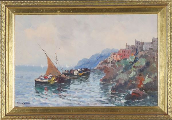 Francesco Di Marino - Signed. "Coastal town and boats with fishermen", oil on plywood