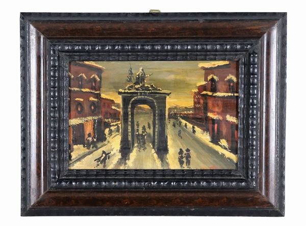 Pittore Napoletano XX Secolo - Signed. "View of the Neapolitan gate under the snow", small oil painting on plywood