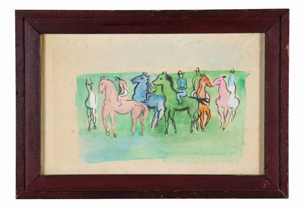 Pittore Contemporaneo - "Cavalli da corsa prima della gara" acquarello su carta cm 20 x 31
