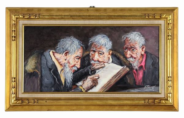 Pittore Italiano XX Secolo - Signed. "The three old men", oil painting on canvas