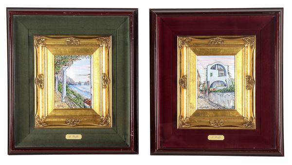 Luigi Ruffo Pittore XX Secolo - Firmate e datate 1983. "I Faraglioni a Capri" e "Stradina di Procida", coppia di piccole lastre in argento puro dipinte a tecnica mista