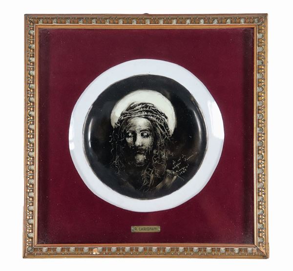 Roberto Carignani - Signed and dated 1961. "Ecce Homo" ceramic plate Ind. Ceramiche Galvani Friuli, painted in monochrome, diameter 28 cm