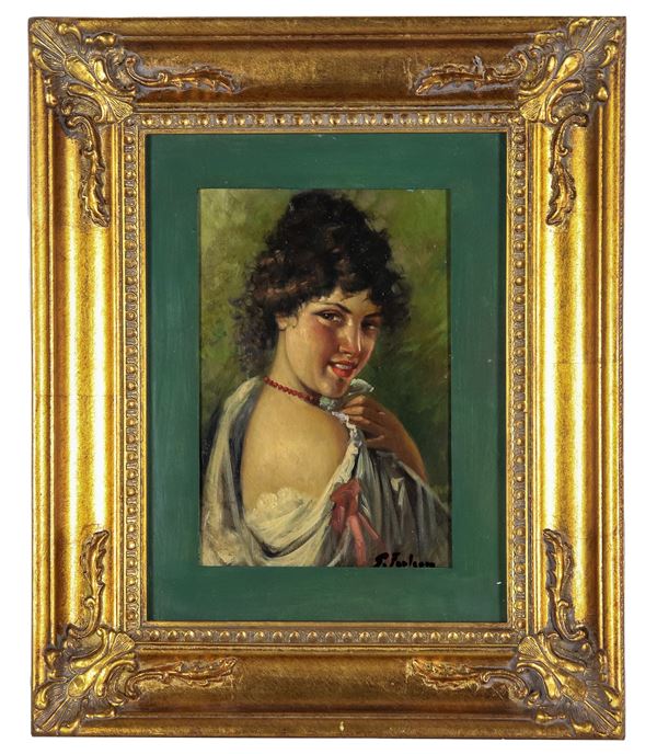 Pittore Napoletano XX Secolo - Firmato. "Ritratto di ragazza", dipinto ad olio su tavoletta