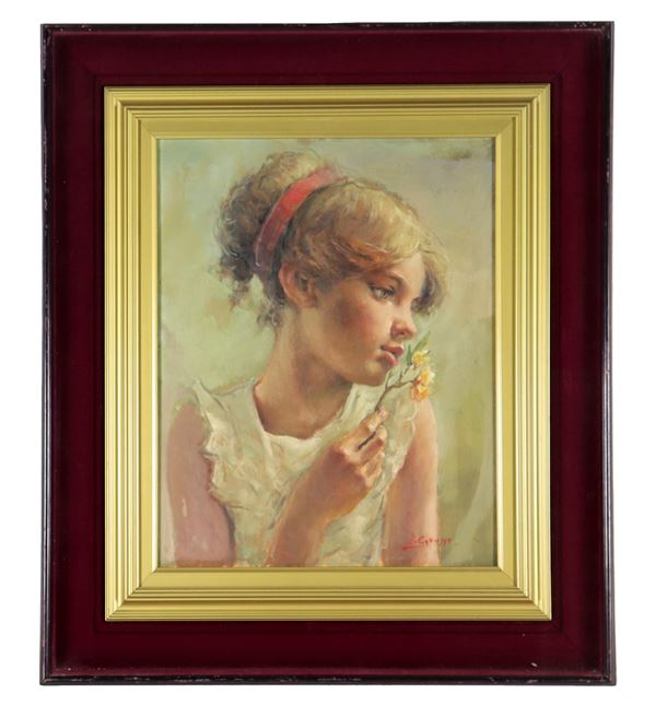 Francesco Capasso - Firmato. "Ritratto di fanciulla con fiore", dipinto olio su compensato