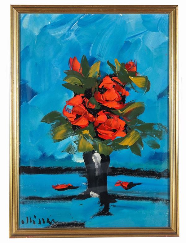 Pittore Contemporaneo - Firmato. "Vaso con fiori" olio su tela cm 70 x 50