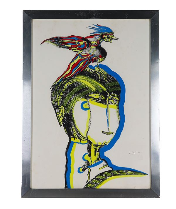 Pittore Contemporaneo - Signed. "Head of a woman with rooster" color lithograph 70 x 50 cm