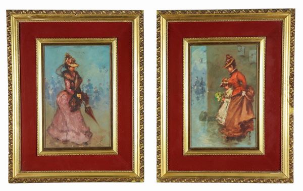 Pittore Italiano Inizio XX Secolo - "Walk of the girl with umbrella" and "Walk of the girl with little girl", couple of oil paintings on canvas