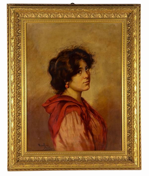 Umberto Fini Pittore Italiano XX Secolo - "Portrait of a young Venetian woman", oleograph on canvas