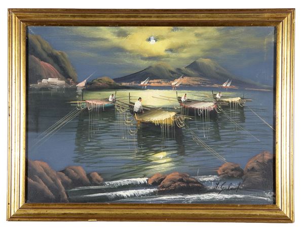 Mario Galanti - Firmato. "Pescatori al chiar di luna", dipinto ad olio su tela