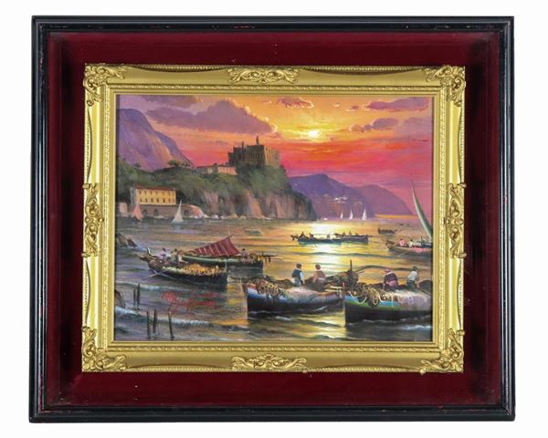Mario Galanti - Signed. "Fishermen at sunset", oil painting on canvas