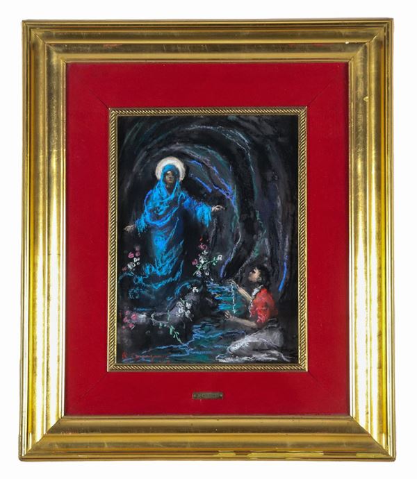 Roberto Carignani - Signed and dated 1963. "Supplica alla Vergine" colored wax chalks on plywood 40 x 31 cm