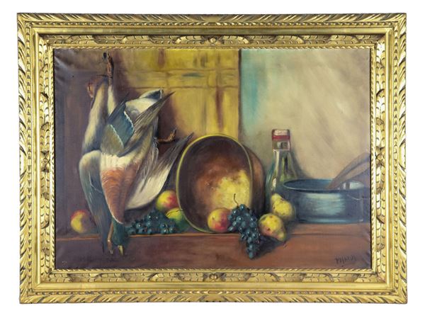 Pittore Italiano XX Secolo - Firmato. "Natura morta con cacciagione, frutta e vasellame", dipinto ad olio su tela