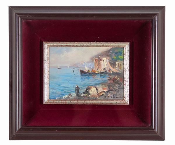 Pittore Napoletano XX Secolo - Signed. "View of the Sorrento coast with fishing boats", small oil painting on a tablet