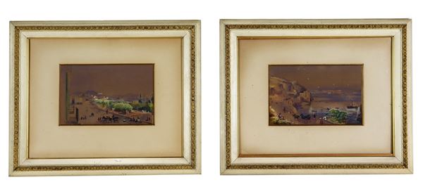 Scuola Napoletana Fine XIX Secolo - "Views of Naples with characters", pair of small watercolors on paper