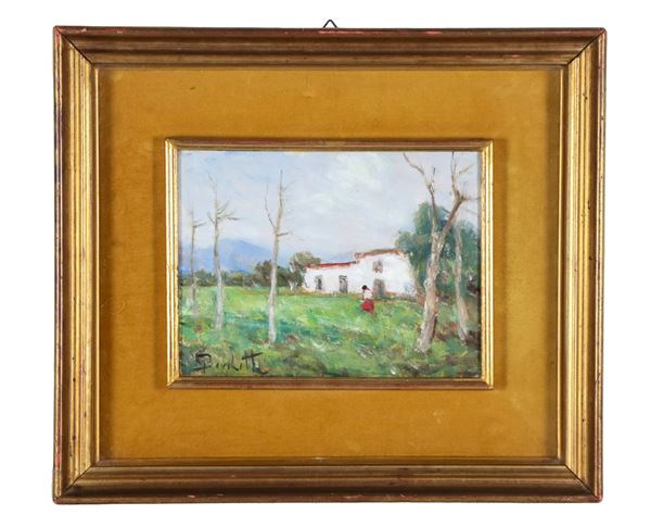 Gaetano Bocchetti - Firmato. "Paesaggio con casolare e contadina", dipinto ad olio su compensato