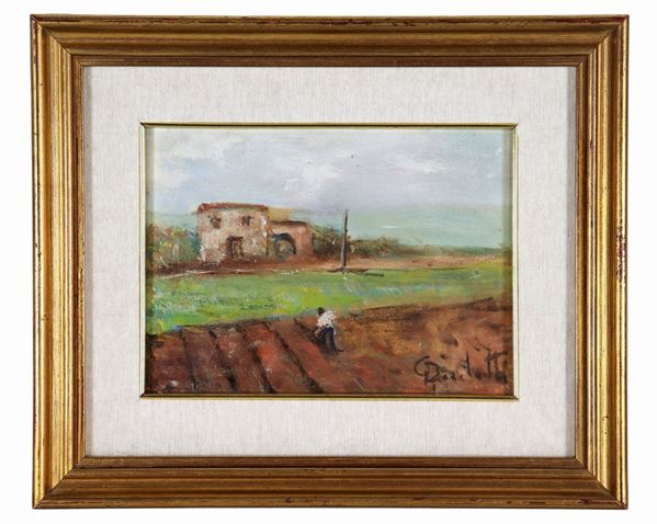 Gaetano Bocchetti - Signed. "Farmhouse with peasant", small oil painting on plywood