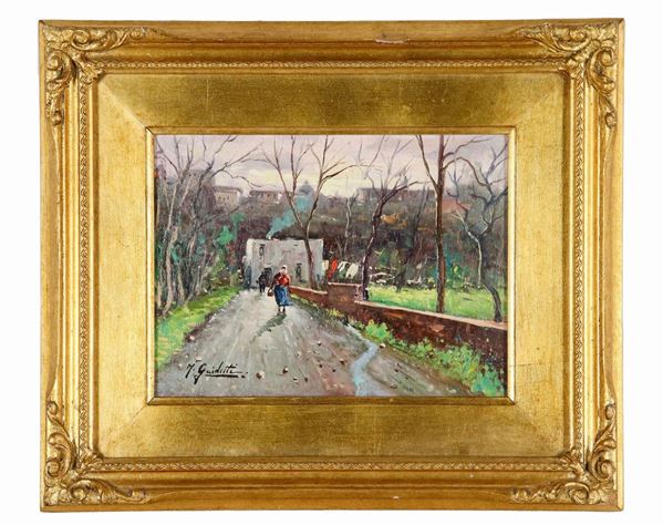 Remo Maria Guidetti XX Secolo - Signed. "Glimpse of Rome with figures", small oil painting on plywood