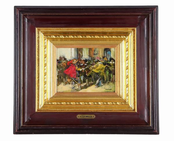 Vincenzo La Bella - Signed. "Duel between Musketeers", small oil painting on cardboard
