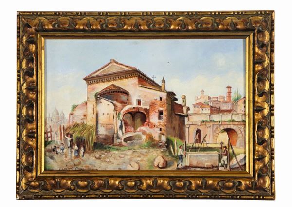 Scuola Italiana Inizio XX Secolo - Reca la firma Alberto Carosi Roma. "Veduta con scorcio di Roma", piccolo dipinto ad olio su compensato