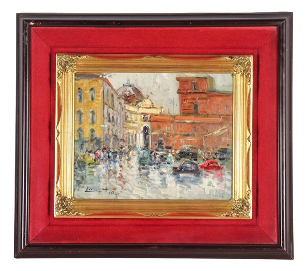 Vincenzo Laricchia - Firmato e datato 1972. "Piazza San Ferdinando a Napoli", dipinto ad olio su compensato