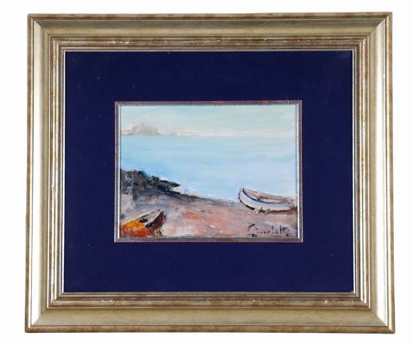 Gaetano Bocchetti - Signed. "Coastal beach with dry boats", small oil painting on plywood