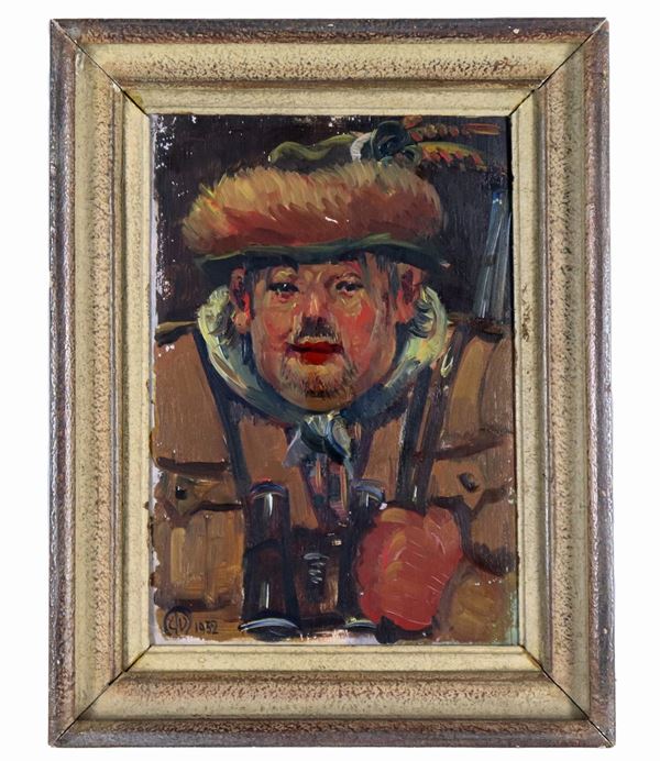 Pittore Contemporaneo - Siglato e datato G V 1952. "Il cacciatore" olio su compensato  cm 27 x 19