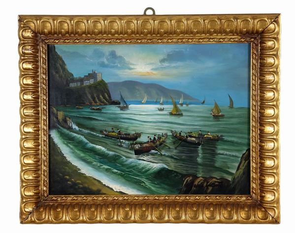 Pittore Napoletano XX Secolo - Signed. "Coast in the moonlight with the arrival of the fishermen", oil painting on tablet