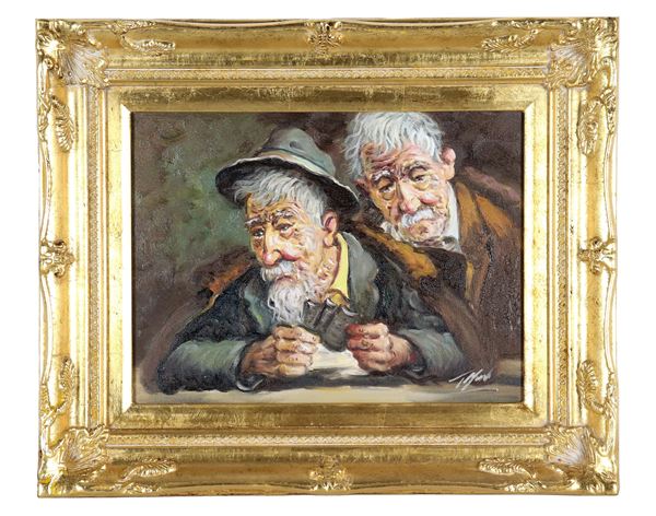 Pittore Italiano XX Secolo - Signed. "Card Players", oil painting on canvas
