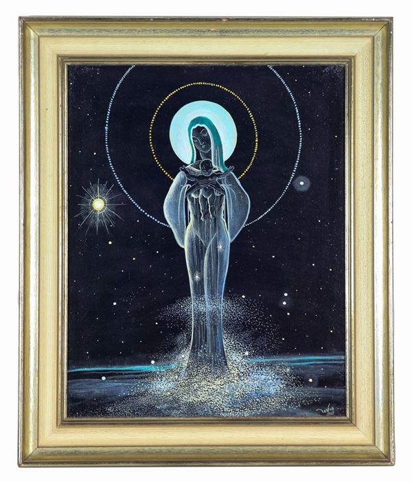 Pittore Contemporaneo - Firmato e datato 1969. "Madonna con Bambino" olio monocromo su truciolato cm 50 x 40 