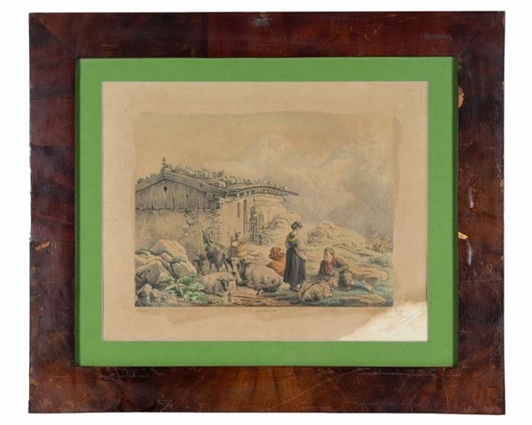 Pittore Tedesco Fine XIX Secolo - "Pastoral scene", color engraving on paper