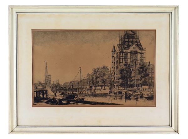 Pittore Olandese Inizio XX Secolo - Siglata e datata 1932. "Veduta di città olandese con porto canale", acquaforte su carta 