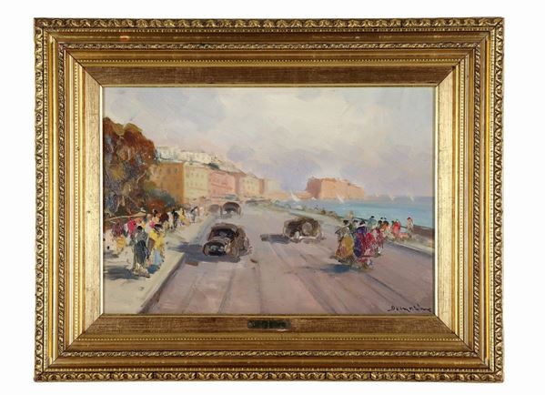 Francesco Di Marino - Signed. "Via Caracciolo in Naples", small oil painting on plywood