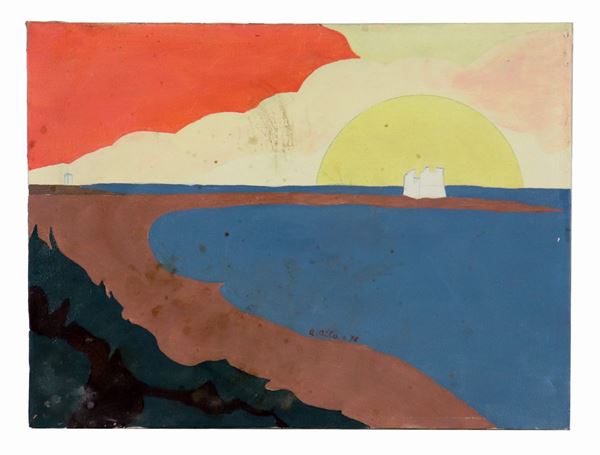 Alla A. Pittore contemporaneo - Firmato e datato 1976. "Alba sul mare" tecnica mista su tela cm 30 x 40