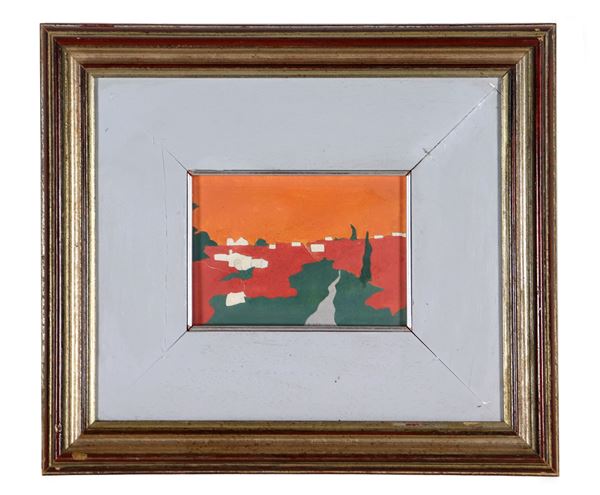Alla A. Pittore contemporaneo - Signed and dated 1979. "Landscape with houses" mixed technique on cardboard 13 x 18 cm