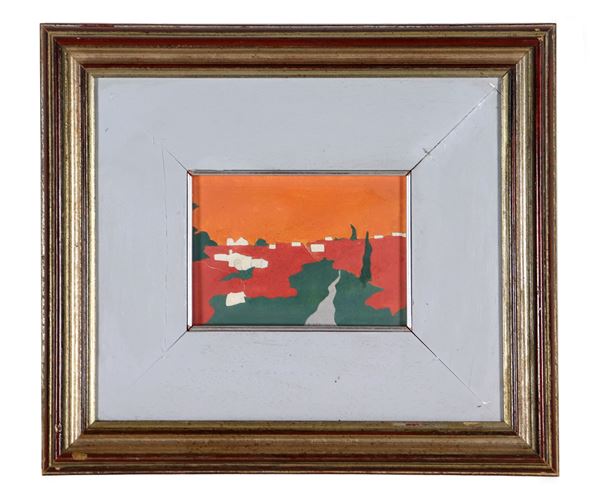 Alla A. Pittore contemporaneo - Firmato e datato 1979. "Paesaggio con case" tecnica mista su cartone  cm 13 x 18 