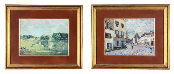 "Paesaggio inglese con mucche" e "Scorcio di Montmartre" coppia di piccole oleografie su cartone