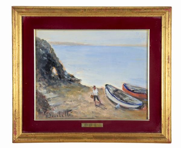 Gaetano Bocchetti - Signed. "Boats aground with fisherman", small oil painting on plywood