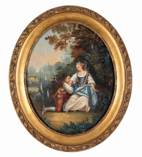 Scuola Francese Inizio XX Secolo - "Galant scene", oval oleograph on canvas applied to the table