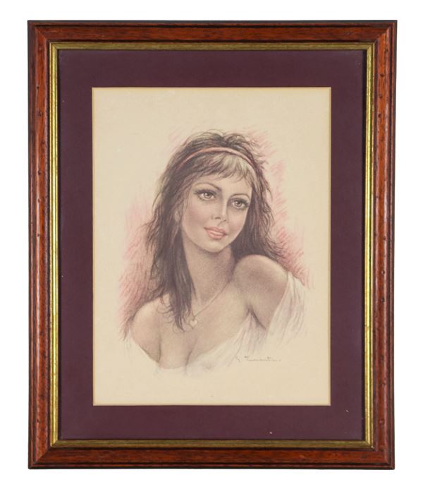 Giuseppe Tarantino - Signed. "Face of a young girl", pencil and charcoal drawing on paper
