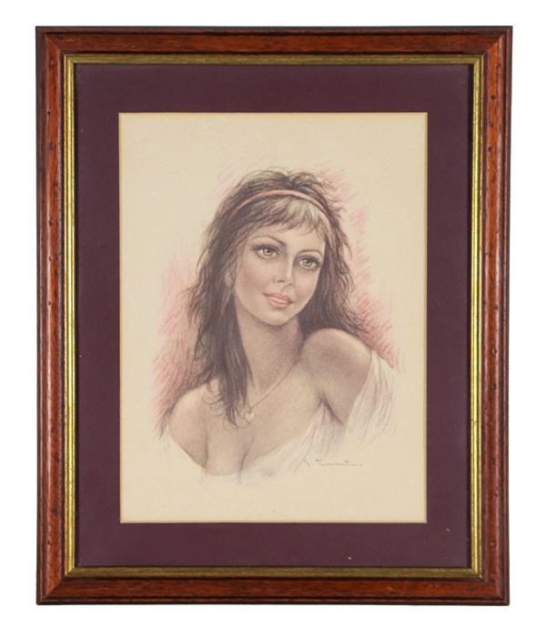 Giuseppe Tarantino - Firmato. "Volto di giovane ragazza", disegno a matita e carboncino su carta 