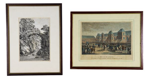 "Landscape with bridge, shepherd and herds" and "Abdication of Napoleon", lot of two antique prints on paper