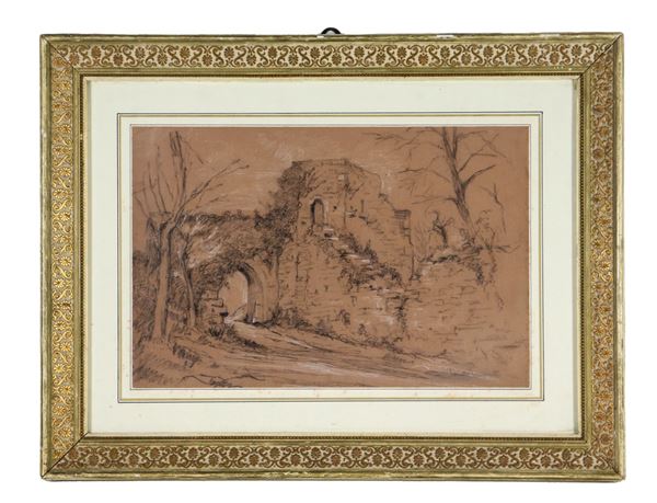 Camillo Innocenti - Firmato. "Strada romana con arco e ruderi", disegno a carboncino, biacca e matita su carta