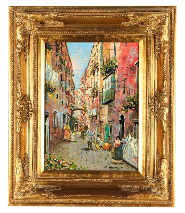 Pittore Napoletano XX Secolo - Signed. "Naples alley with characters", oil painting on plywood