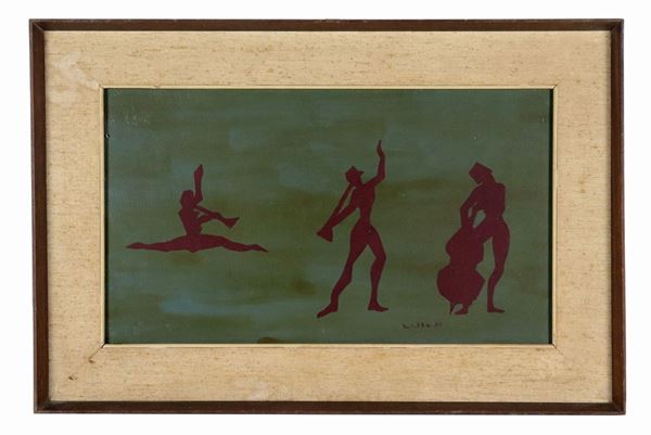 Alla A. Pittore contemporaneo - Firmato e datato 1970. "Il Concertino" olio su compensato  cm 28,5 x 49