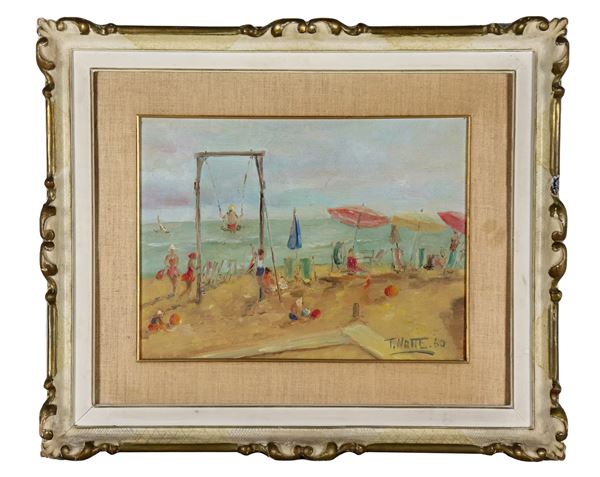 Teresa Sacchi Notte - Signed and dated 1960. "Games on the beach" oil on cardboard 30 x 40 cm