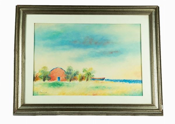 Giovanni Omiccioli - &quot;Landscape and marina with boat and house&quot;