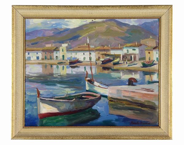Pittore Europeo XX Secolo - Signed. "Pier with boats", oil painting on cardboard